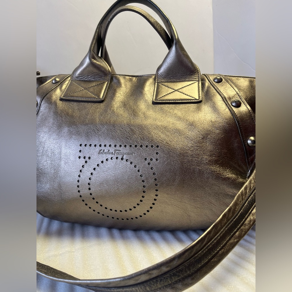 Salvatore Ferragamo Gancini Silver Metallic Leather Ferragamo Purses Handbags
